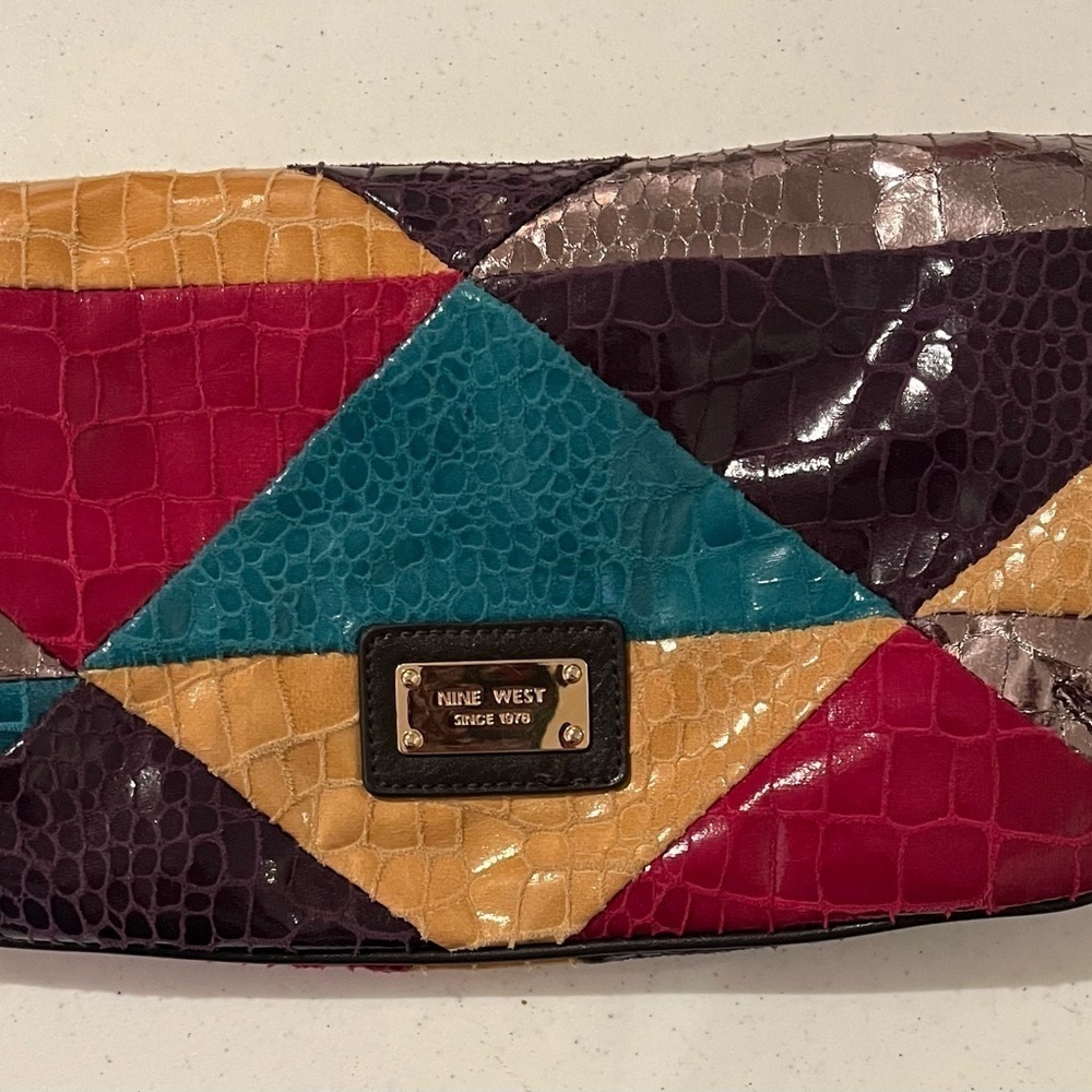 80s Style Clutch Convertible Vegan Faux Leather Colorful Patchwork Nine West - Picture 3 of 6